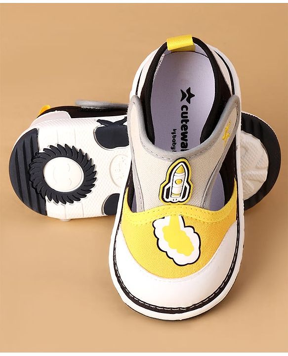 Cute Walk by Babyhug Velcro Closure Casual Shoes With Rocket Print & Applique - Yellow