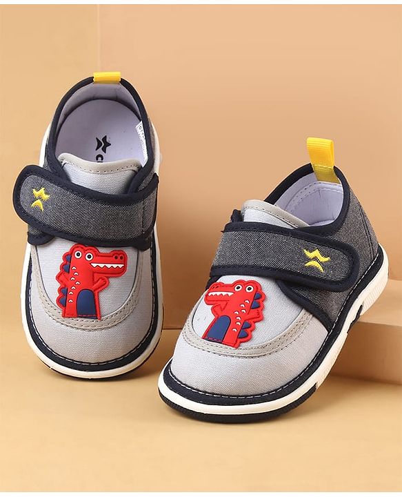 Cute Walk by Babyhug Casual Shoes With Dino Applique & Velcro Closure - Grey