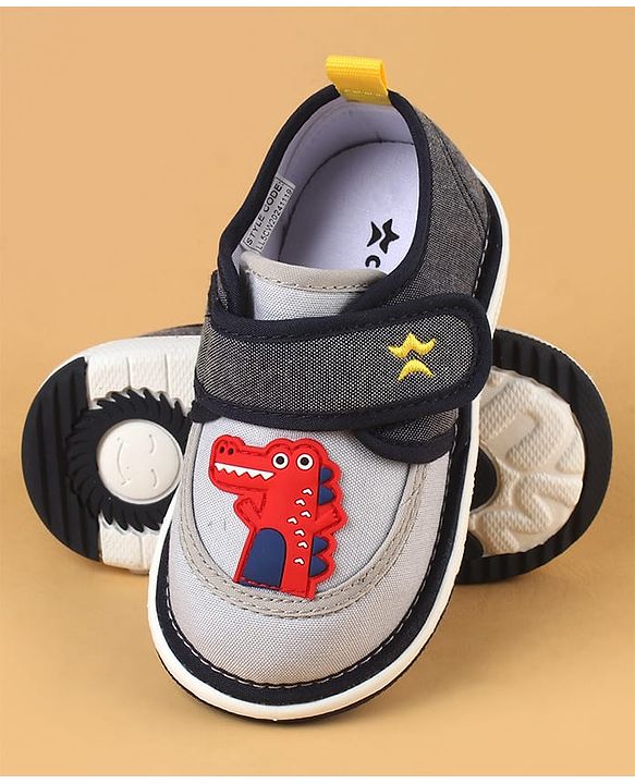 Cute Walk by Babyhug Casual Shoes With Dino Applique & Velcro Closure - Grey