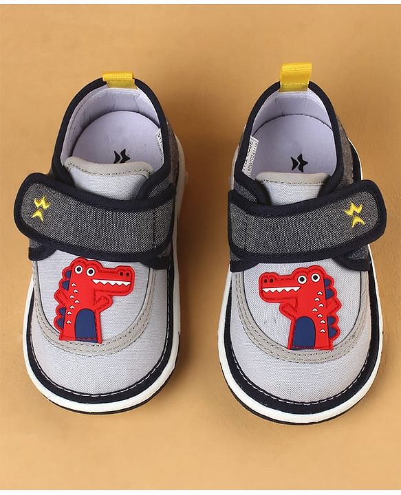 Cute Walk by Babyhug Casual Shoes With Dino Applique & Velcro Closure - Grey