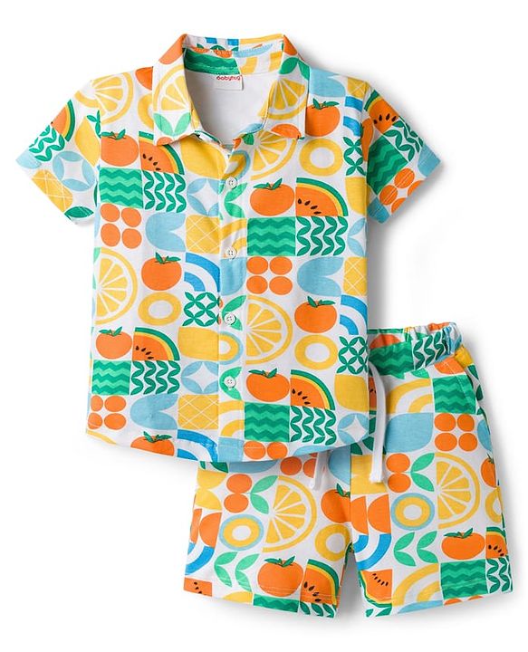 Babyhug Single Jersey Knit Half Sleeves Co-ords Shirt & Shorts Set with Tropical Theme Print - Multicolor
