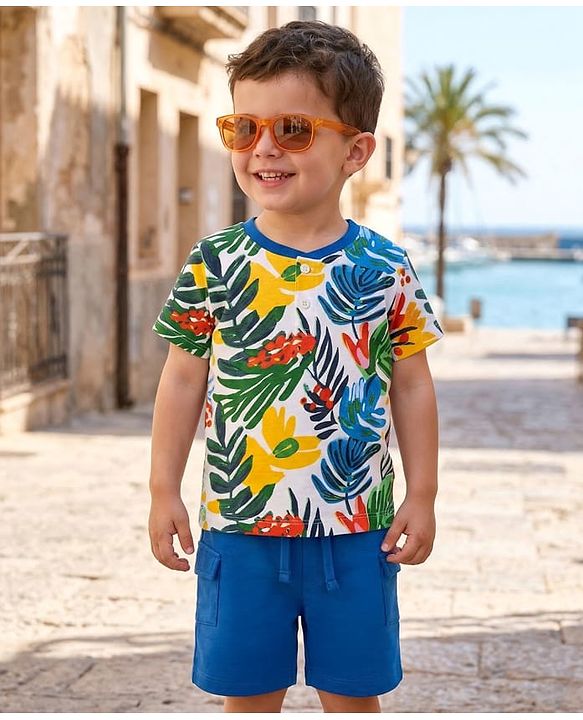 Babyhug Single Jersey Knit Half Sleeves T-Shirt & Shorts Set with Leaf Print - Blue