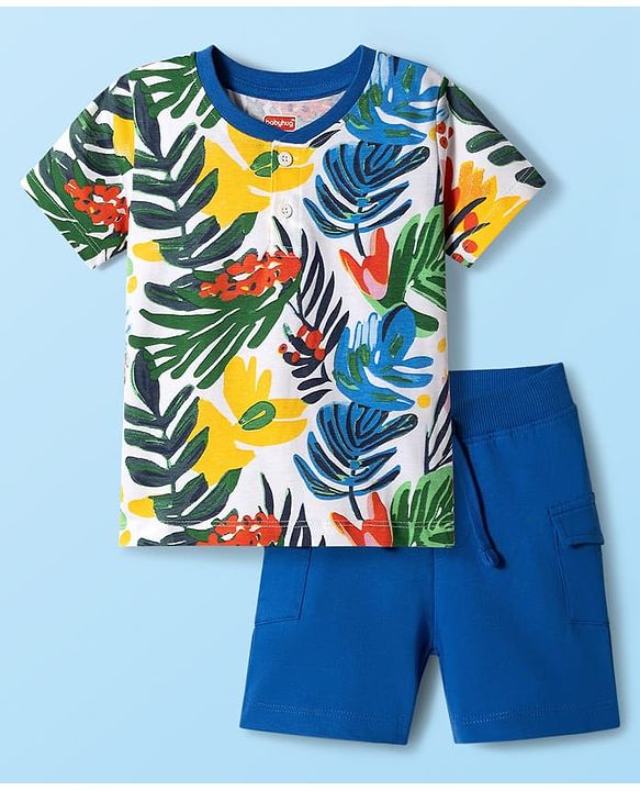 Babyhug Single Jersey Knit Half Sleeves T-Shirt & Shorts Set with Leaf Print - Blue