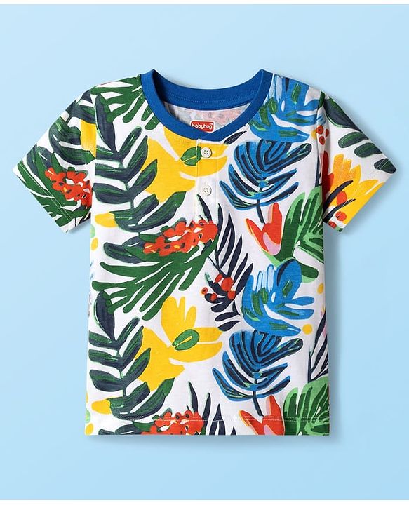 Babyhug Single Jersey Knit Half Sleeves T-Shirt & Shorts Set with Leaf Print - Blue