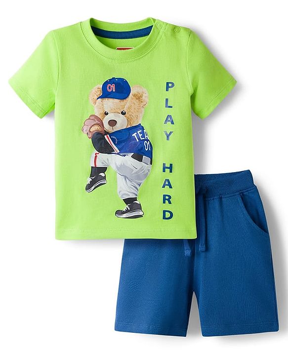 Babyhug Single Jersey Knit Half Sleeves T-Shirt & Shorts Set with Bear Print - Limegreen & Navy Blue