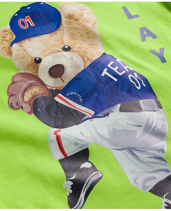 Babyhug Single Jersey Knit Half Sleeves T-Shirt & Shorts Set with Bear Print - Limegreen & Navy Blue