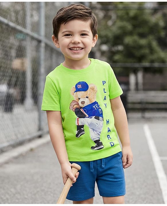 Babyhug Single Jersey Knit Half Sleeves T-Shirt & Shorts Set with Bear Print - Limegreen & Navy Blue