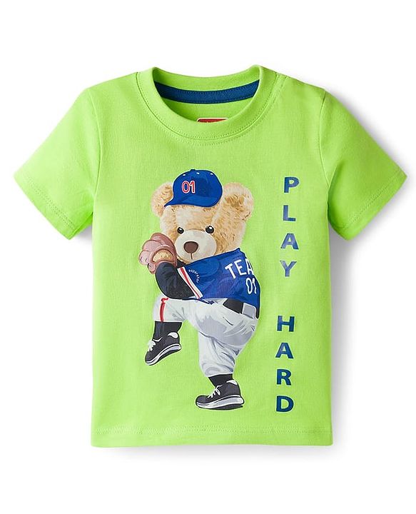 Babyhug Single Jersey Knit Half Sleeves T-Shirt & Shorts Set with Bear Print - Limegreen & Navy Blue