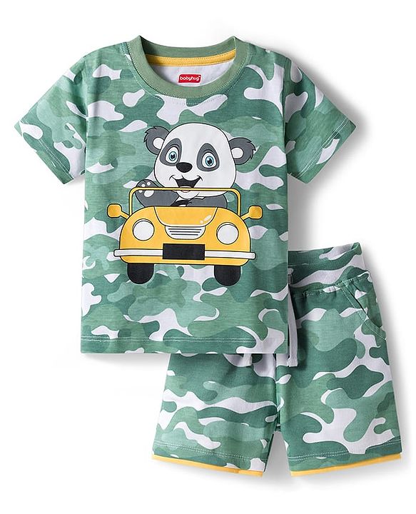 Babyhug Single Jersey Knit Half Sleeves Co-ords T-Shirt & Shorts Set with Bear Print & Camouflage - Multicolor