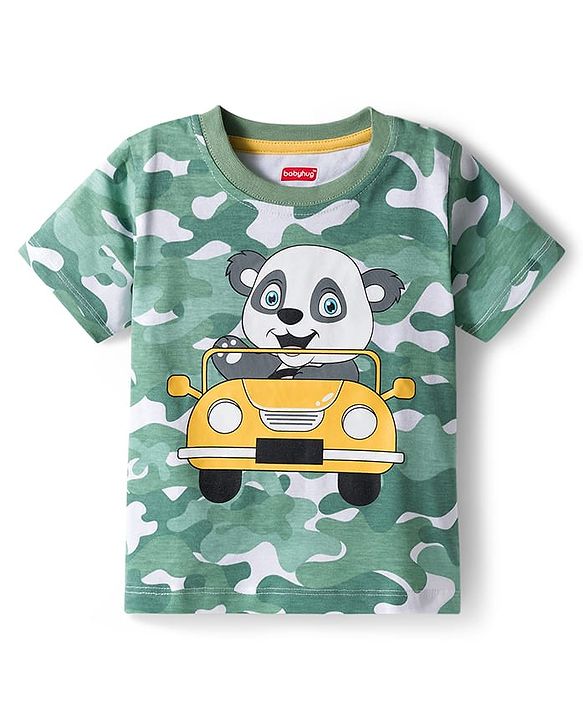 Babyhug Single Jersey Knit Half Sleeves Co-ords T-Shirt & Shorts Set with Bear Print & Camouflage - Multicolor