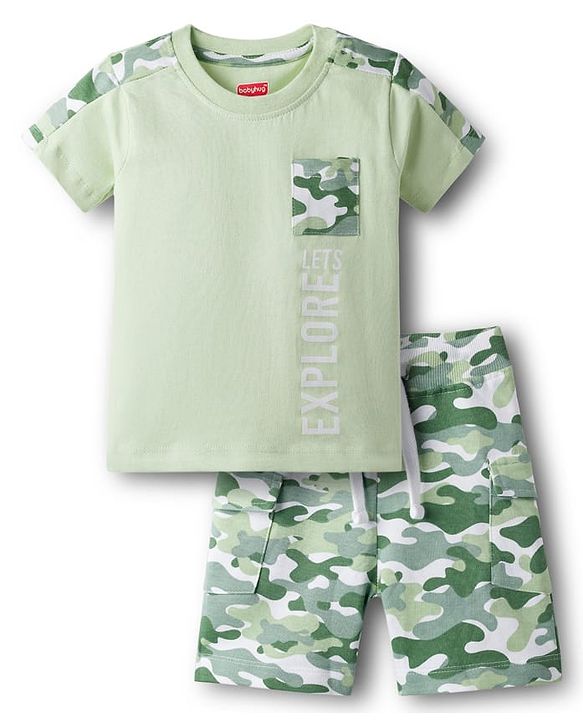 Babyhug Single Jersey Knit Half Sleeves T-Shirt & Shorts Set with Camouflage - Light Green