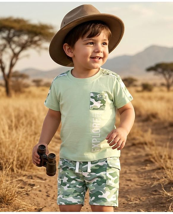 Babyhug Single Jersey Knit Half Sleeves T-Shirt & Shorts Set with Camouflage - Light Green