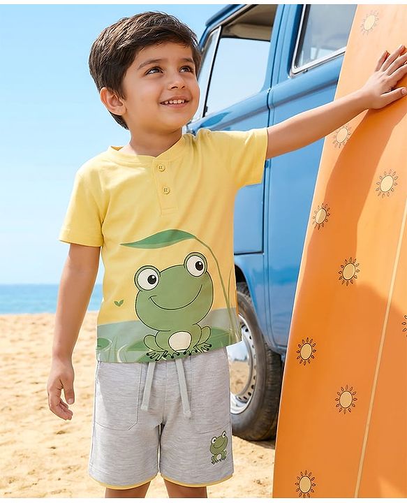 Babyhug Single Jersey Knit Half Sleeves T-Shirt & Shorts Set With Frog Print - Yellow & Grey