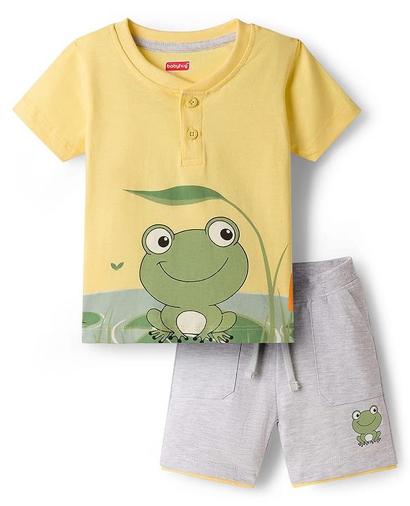 Babyhug Single Jersey Knit Half Sleeves T-Shirt & Shorts Set With Frog Print - Yellow & Grey
