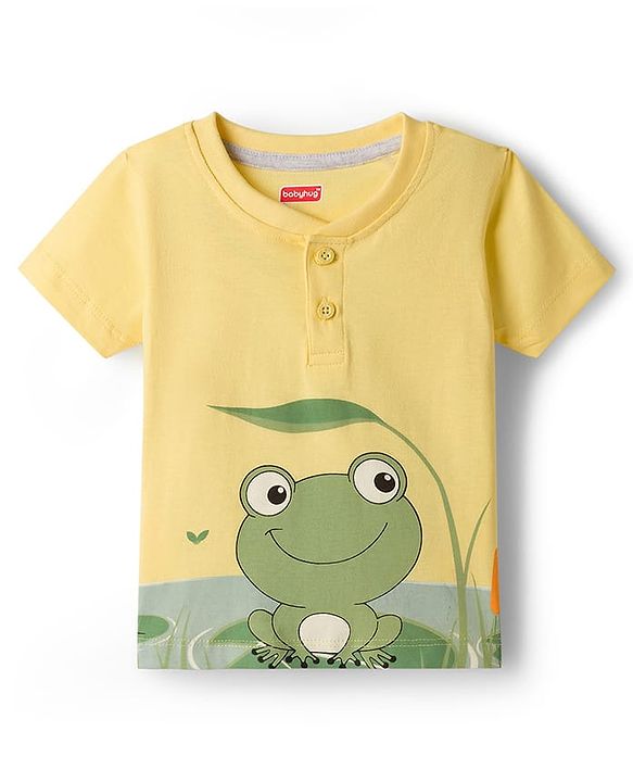 Babyhug Single Jersey Knit Half Sleeves T-Shirt & Shorts Set With Frog Print - Yellow & Grey
