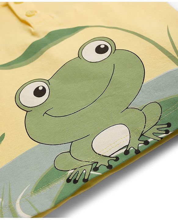 Babyhug Single Jersey Knit Half Sleeves T-Shirt & Shorts Set With Frog Print - Yellow & Grey