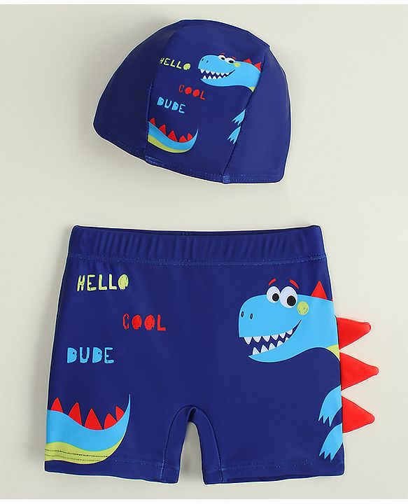 Babyhug Dino Printed Swimming Trunk With Cap - Navy Blue