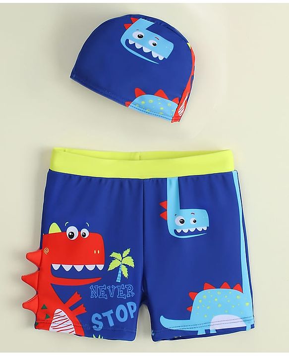 Babyhug Dino Printed Swimming Trunk With Cap - Blue