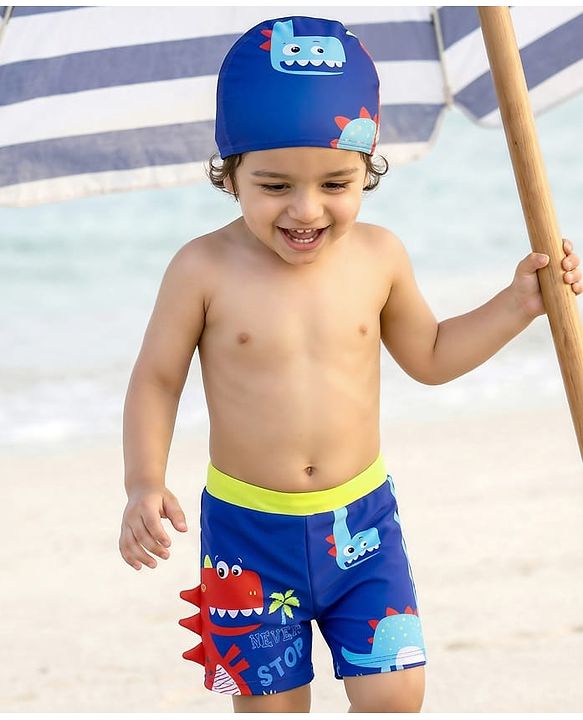 Babyhug Dino Printed Swimming Trunk With Cap - Blue