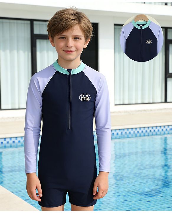 Pine Kids Raglan Full Sleeves Text Printed Legged Swimsuit - Navy Blue