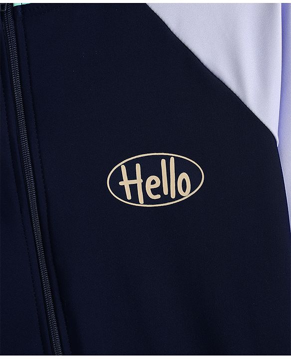 Pine Kids Raglan Full Sleeves Text Printed Legged Swimsuit - Navy Blue