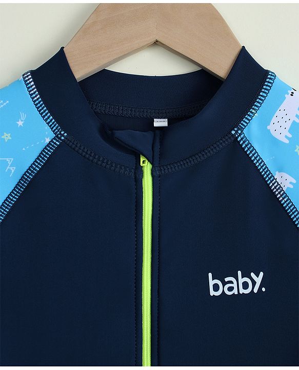 Pine Kids Raglan Full Sleeves Animal Printed Legged Swimsuit - Navy Blue