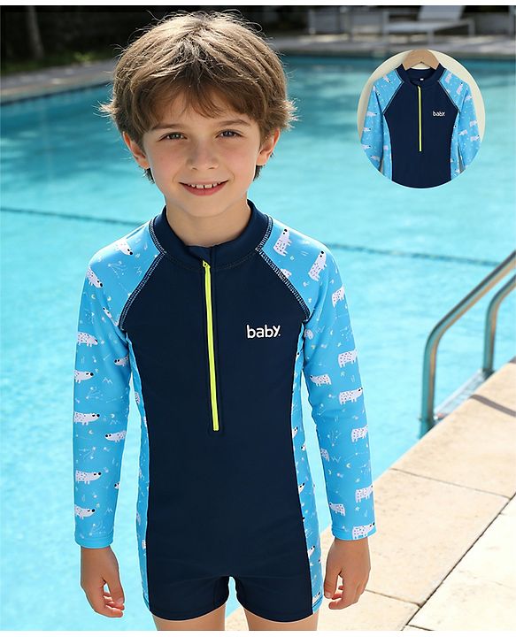 Pine Kids Raglan Full Sleeves Animal Printed Legged Swimsuit - Navy Blue