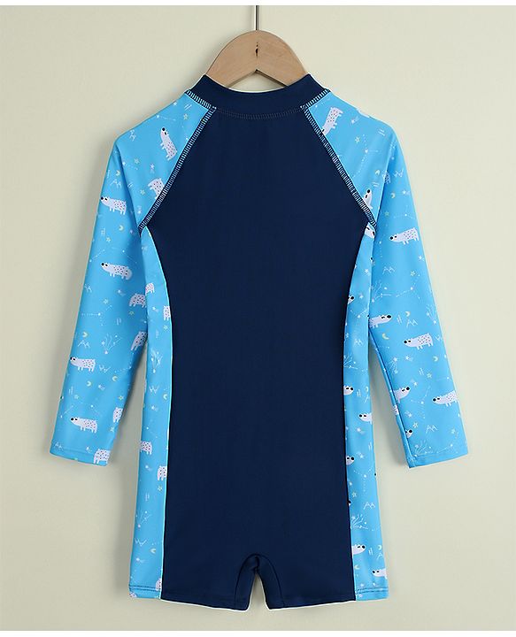 Pine Kids Raglan Full Sleeves Animal Printed Legged Swimsuit - Navy Blue