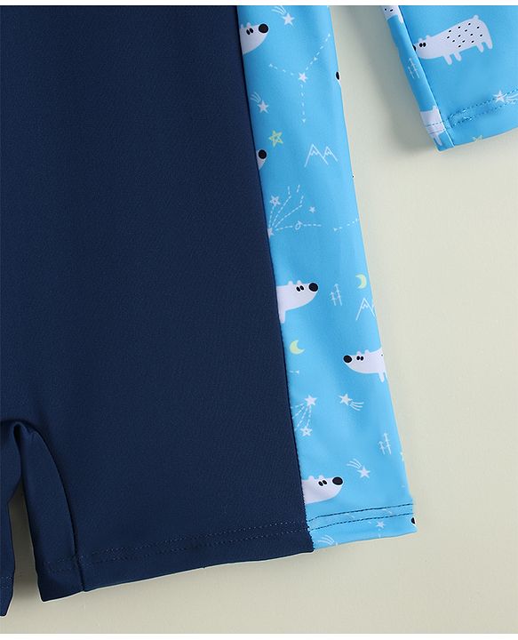 Pine Kids Raglan Full Sleeves Animal Printed Legged Swimsuit - Navy Blue