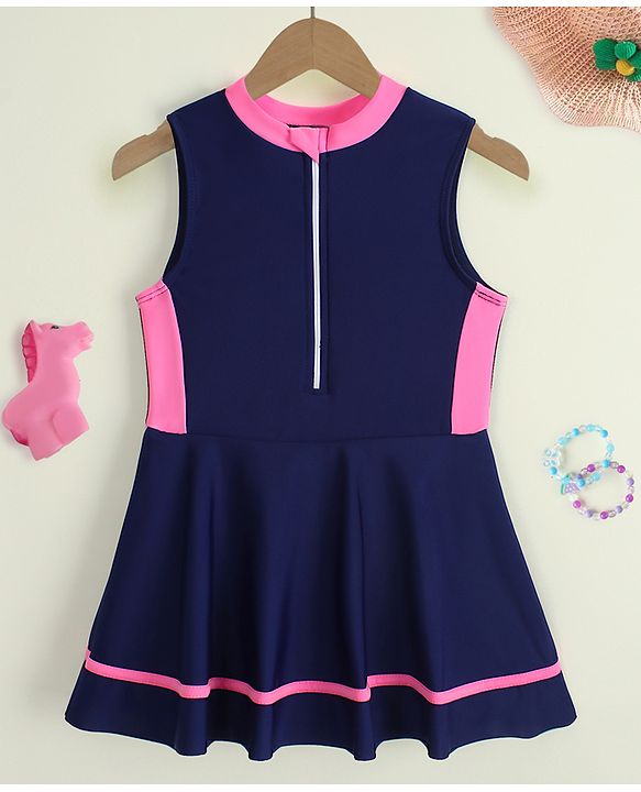 Pine Kids Sleeveless Solid Frock Swimsuit - Navy Blue