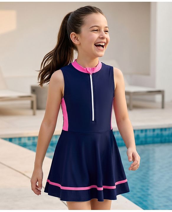 Pine Kids Sleeveless Solid Frock Swimsuit - Navy Blue