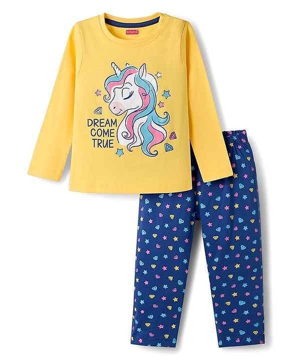 Babyhug Cotton Knit Full Sleeves Co-ord Night Suit With Unicorn Print - Yellow