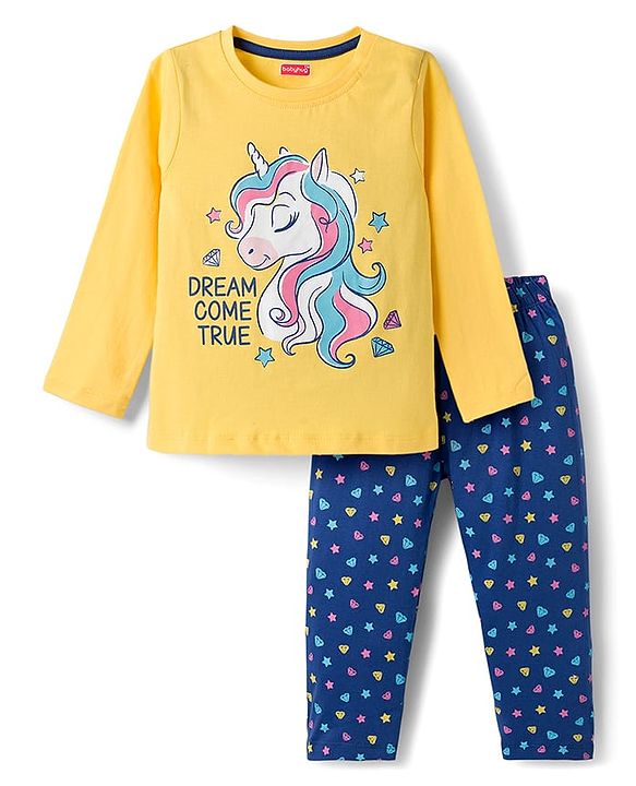 Babyhug Cotton Knit Full Sleeves Co-ord Night Suit With Unicorn Print - Yellow