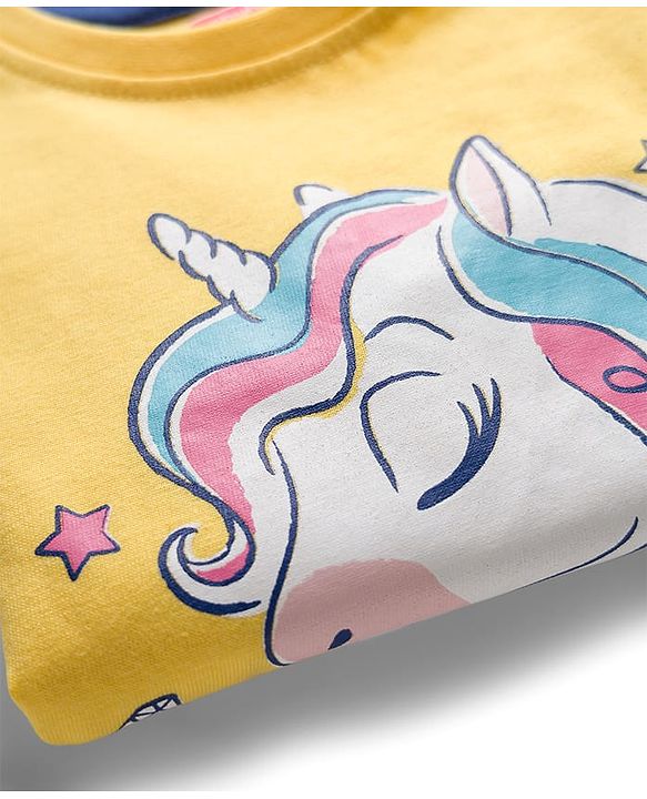 Babyhug Cotton Knit Full Sleeves Co-ord Night Suit With Unicorn Print - Yellow