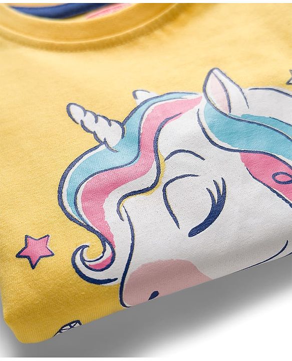 Babyhug Cotton Knit Full Sleeves Co-ord Night Suit With Unicorn Print - Yellow