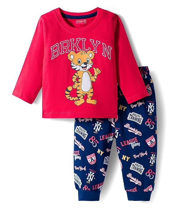 Babyhug Cotton Knit Full Sleeves Night Suit With Tiger Print - Red