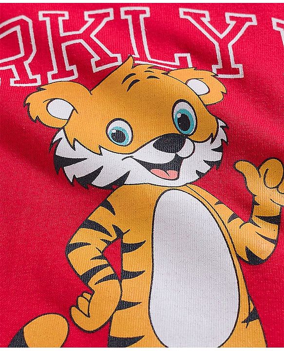 Babyhug Cotton Knit Full Sleeves Night Suit With Tiger Print - Red