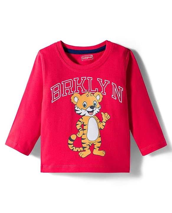 Babyhug Cotton Knit Full Sleeves Night Suit With Tiger Print - Red