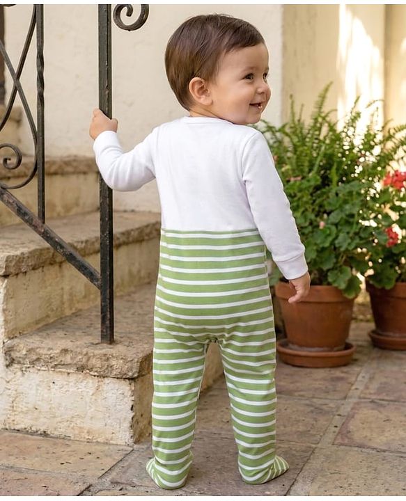 Babyhug Cotton Knit Full Sleeves Striped & Tiger Printed Sleepsuit - White & Green