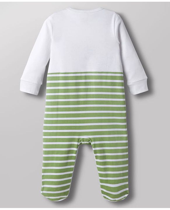 Babyhug Cotton Knit Full Sleeves Striped & Tiger Printed Sleepsuit - White & Green