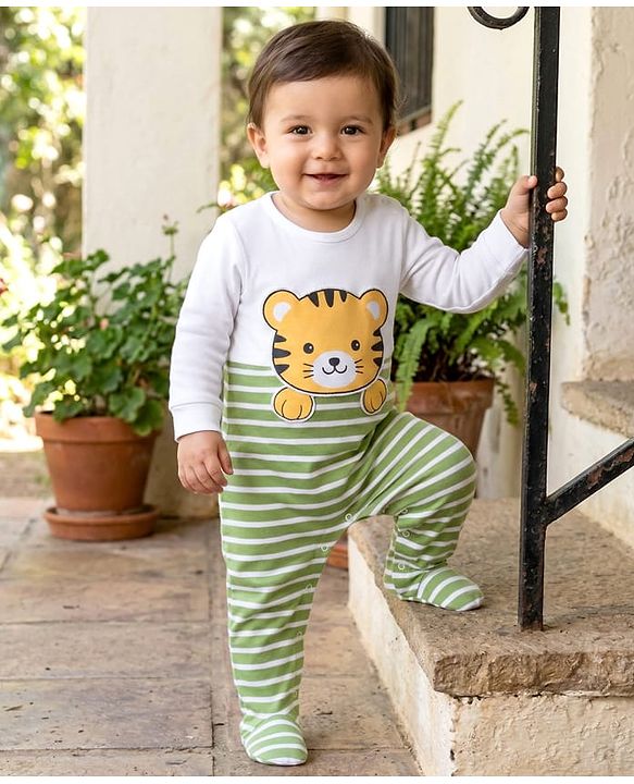 Babyhug Cotton Knit Full Sleeves Striped & Tiger Printed Sleepsuit - White & Green