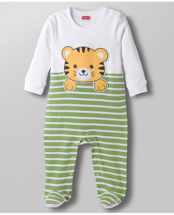 Babyhug Cotton Knit Full Sleeves Striped & Tiger Printed Sleepsuit - White & Green