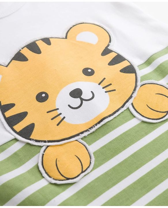 Babyhug Cotton Knit Full Sleeves Striped & Tiger Printed Sleepsuit - White & Green