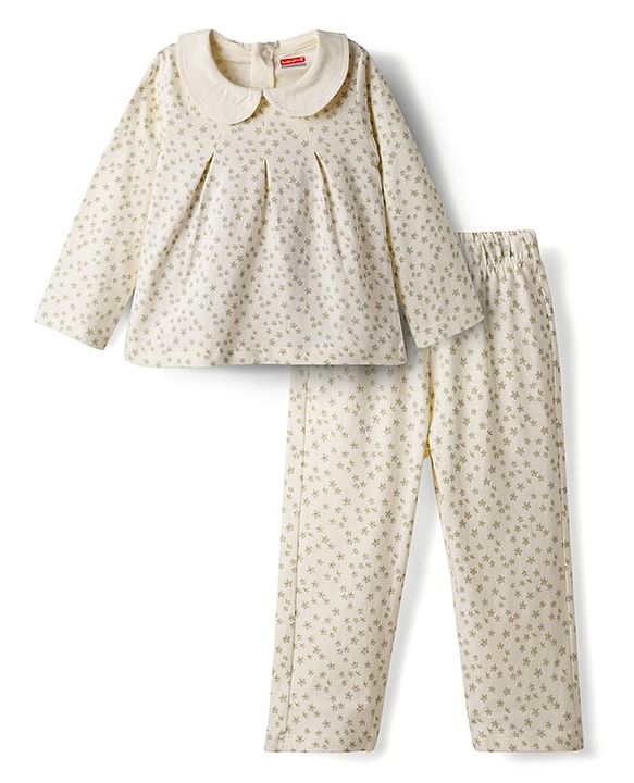 Babyhug Cotton Knit Full Sleeves Top & Pyjama Co-ord Night Suit With Star Print - Light Yellow
