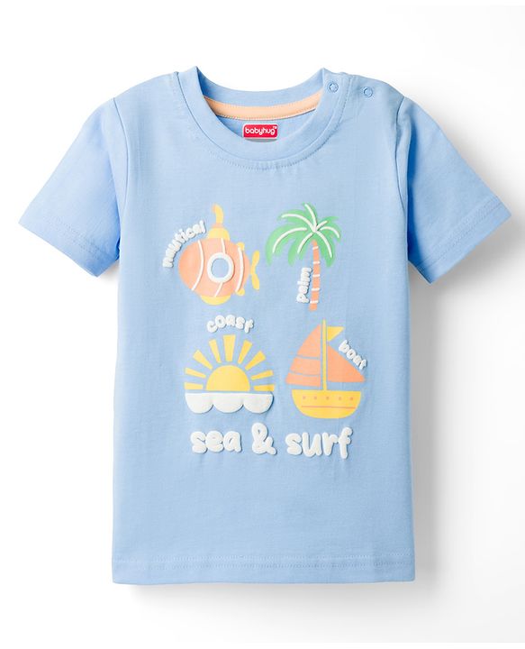 Babyhug Cotton Knit Half Sleeves T-Shirt With Beach Theme Print - Blue