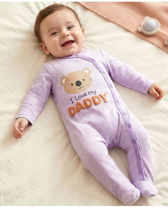 Babyhug Cotton Knit Full Sleeves Footed Sleep Suit with I Love Daddy Print & Stripe - Lavender