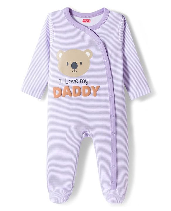 Babyhug Cotton Knit Full Sleeves Footed Sleep Suit with I Love Daddy Print & Stripe - Lavender