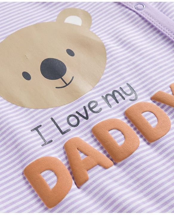 Babyhug Cotton Knit Full Sleeves Footed Sleep Suit with I Love Daddy Print & Stripe - Lavender