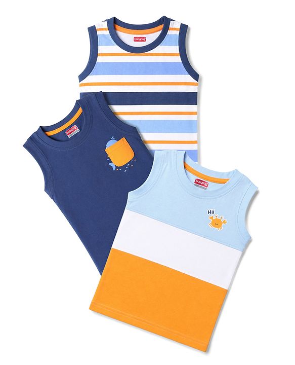 Babyhug Cotton Knit Tank T-Shirts Sleeveless with Graphics Pack of 3 -Multicolor
