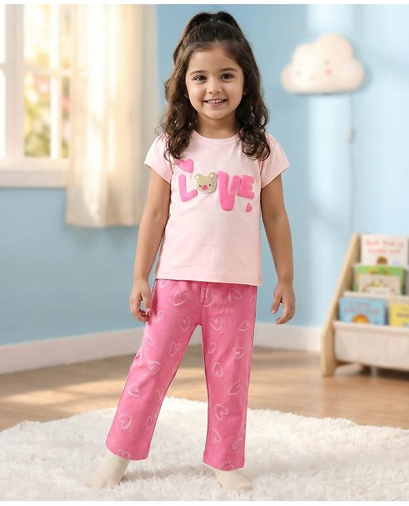 Babyhug Cotton Knit Half Sleeves Night Suit With Love Print - Pink